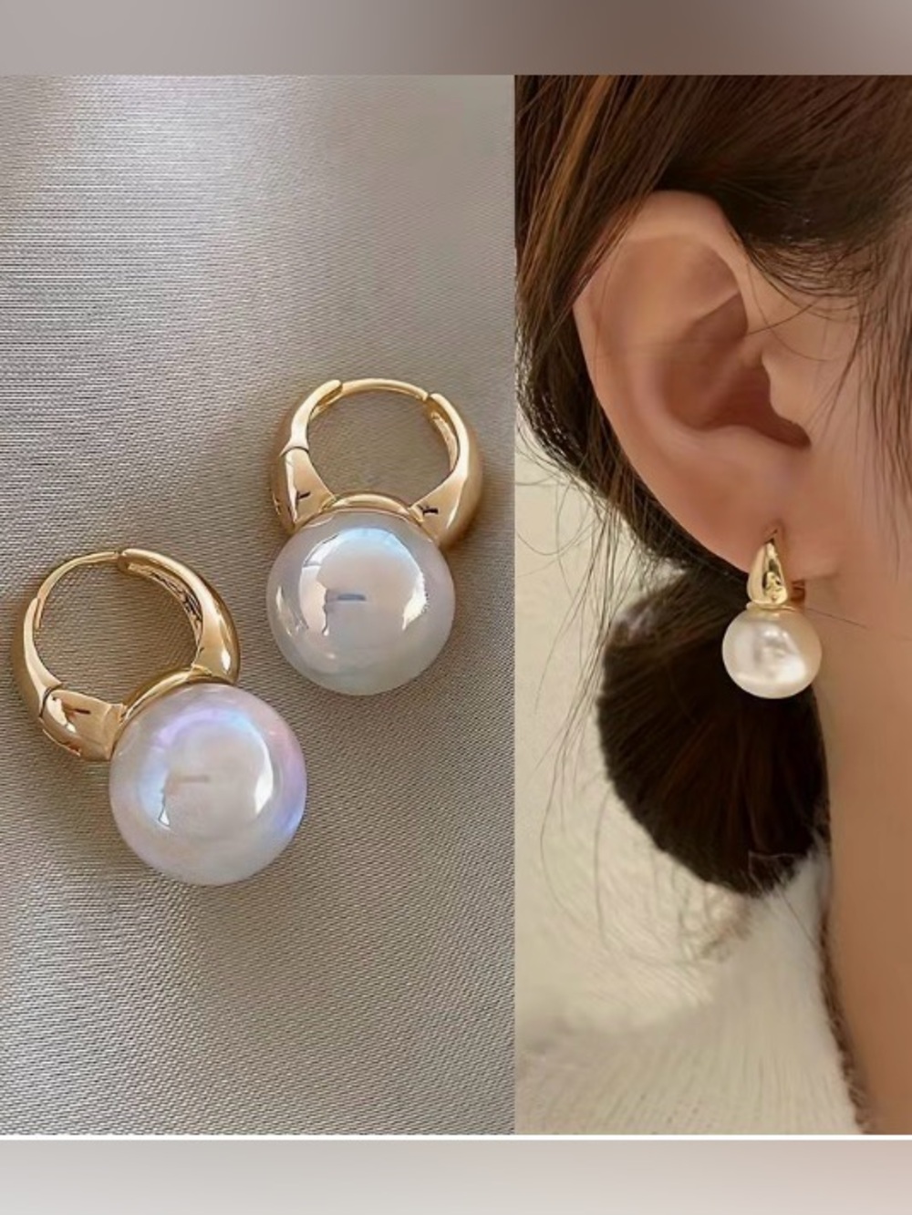 Gold Pearl Drop Hoop Earrings - Iridescent White Pearl